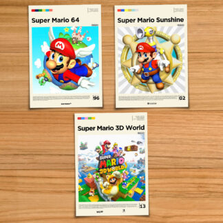 Super Mario 3D Nintendo poster set, including Super Mario 64, Super Mario Sunshine and Super Mario 3D World on a wood table background