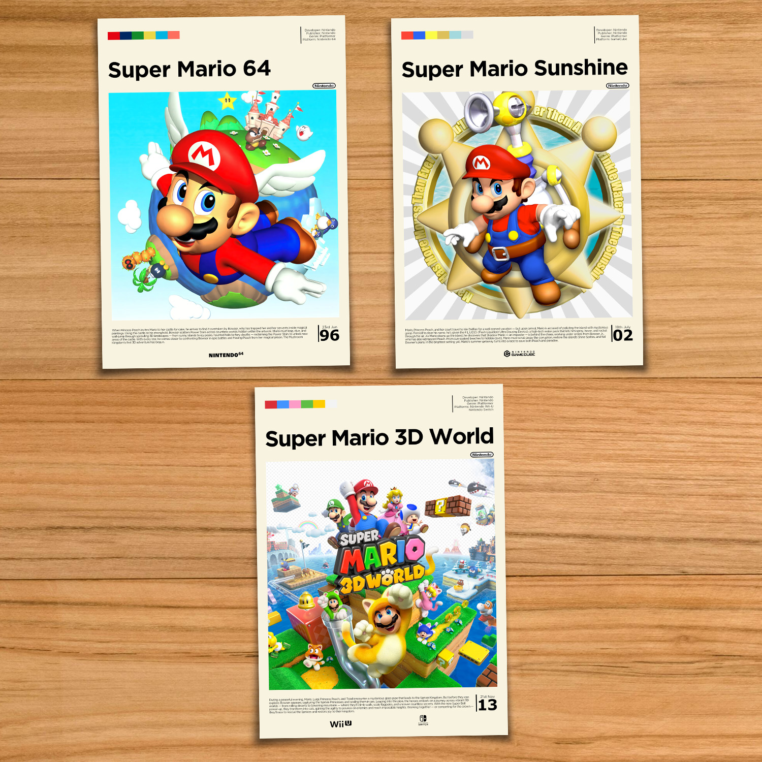 Super Mario 3D Nintendo poster set, including Super Mario 64, Super Mario Sunshine and Super Mario 3D World on a wood table background