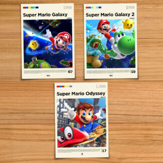 Super Mario 3D Nintendo poster set, including Super Mario Galaxy, Galaxy 2 and Odyssey on a wood table background