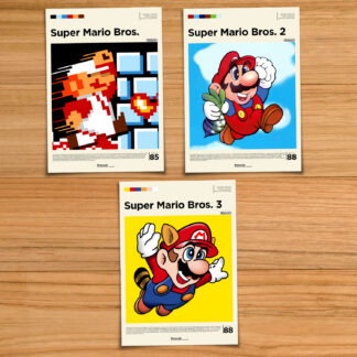 Super Mario Bros Nintendo NES trilogy poster set, including Super Mario Bros 1, 2 and 3 on a wood table background