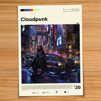 Gallery-style Cloudpunk poster on a wood table background