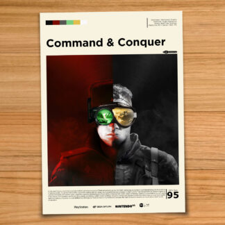 Gallery-style Command & Conquer poster on a wood table background