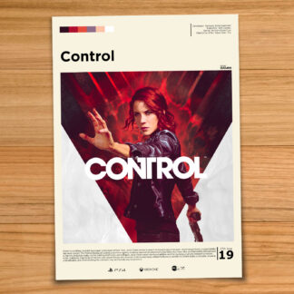 Gallery-style Control poster on a wood table background