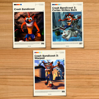 Crash Bandicoot poster set, including Crash Bandicoot, Cortex Strikes Back (2) and Warped (3) on a wood table background