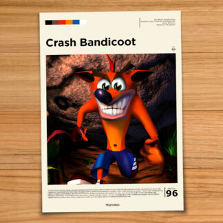 Gallery-style Crash Bandicoot poster on a wood table background