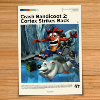 Gallery-style Crash Bandicoot 2 poster on a wood table background