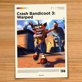 Gallery-style Crash Bandicoot 3 poster on a wood table background