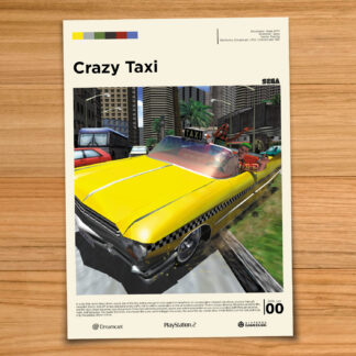 Gallery-style Crazy Taxi poster on a wood table background