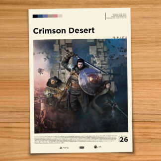 Gallery-style Crimson Desert poster on a wood table background