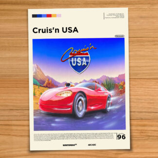 Gallery-style Cruis'n USA poster on a wood table background