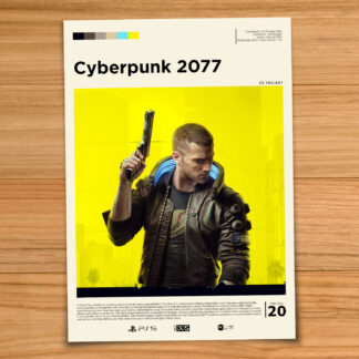 Gallery-style Cyberpunk 2077 poster on a wood table background
