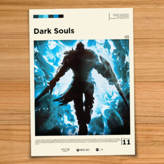 Gallery-style Dark Souls poster on a wood table background