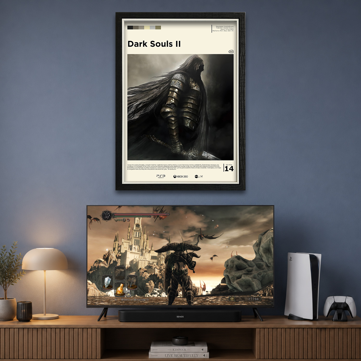 Gallery-style Dark Souls 2 poster in a frame on a blue wall