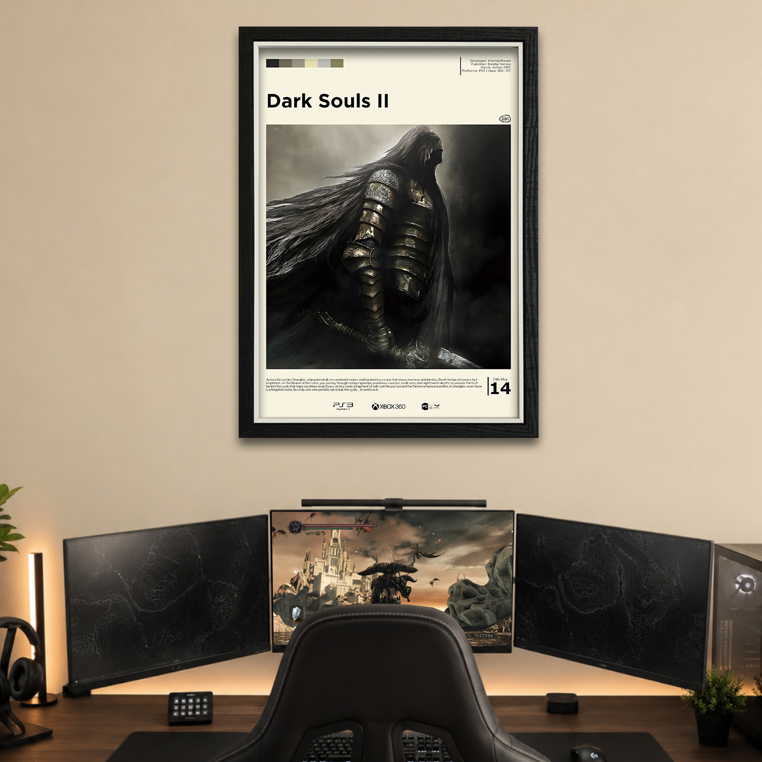Gallery-style Dark Souls 2 poster in a frame on a brown wall