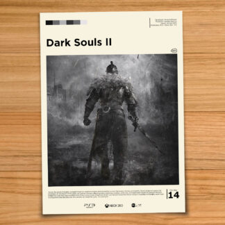 Gallery-style Dark Souls 2 poster on a wood table background