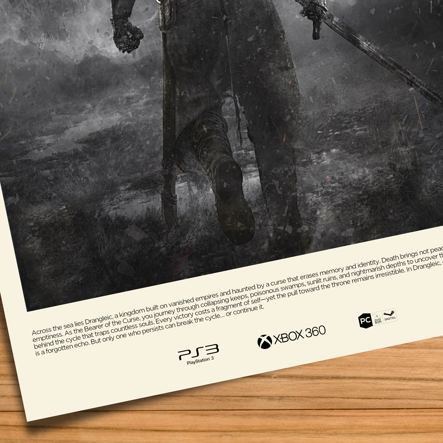Gallery-style Dark Souls 2 poster on a wood table background