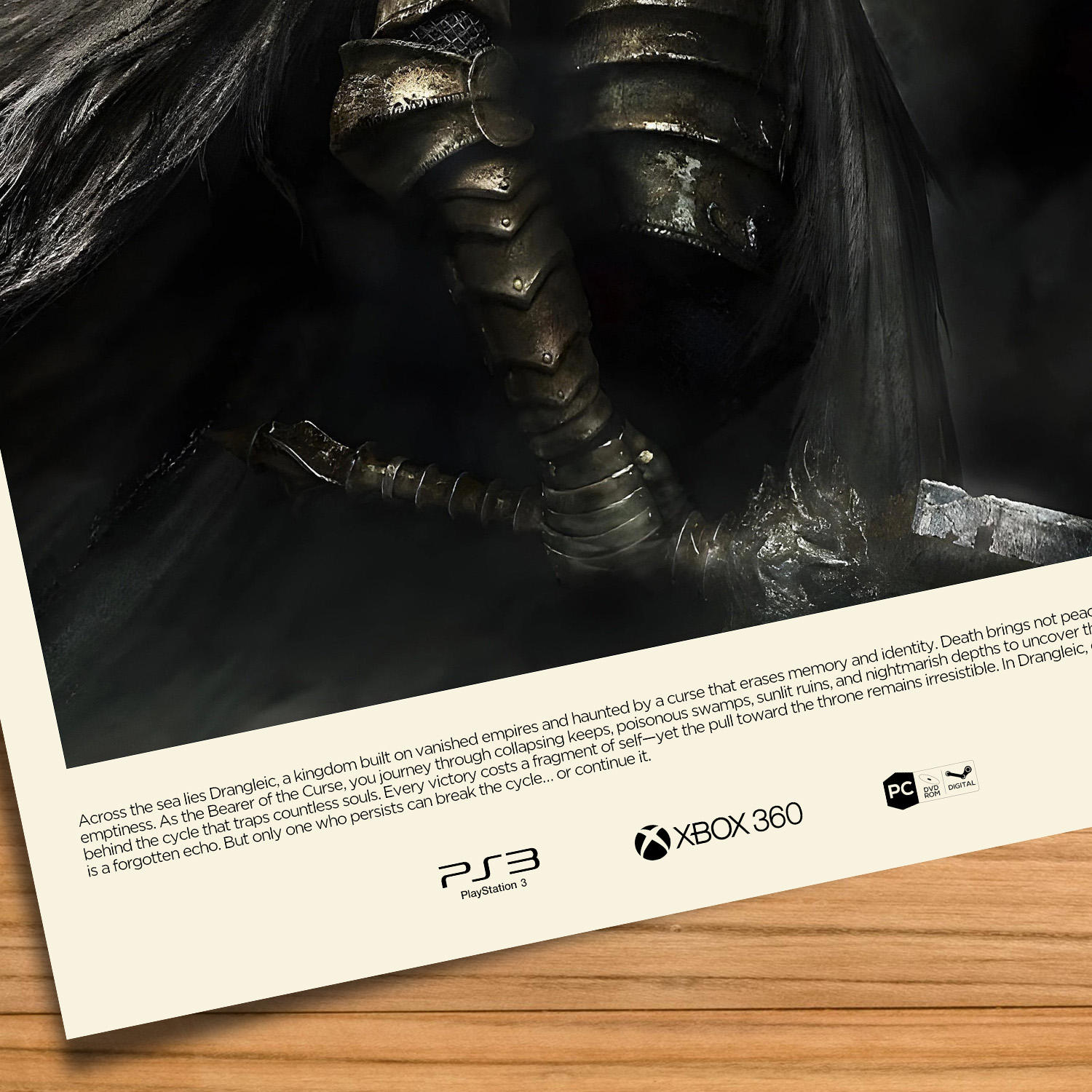Gallery-style Dark Souls 2 poster on a wood table background