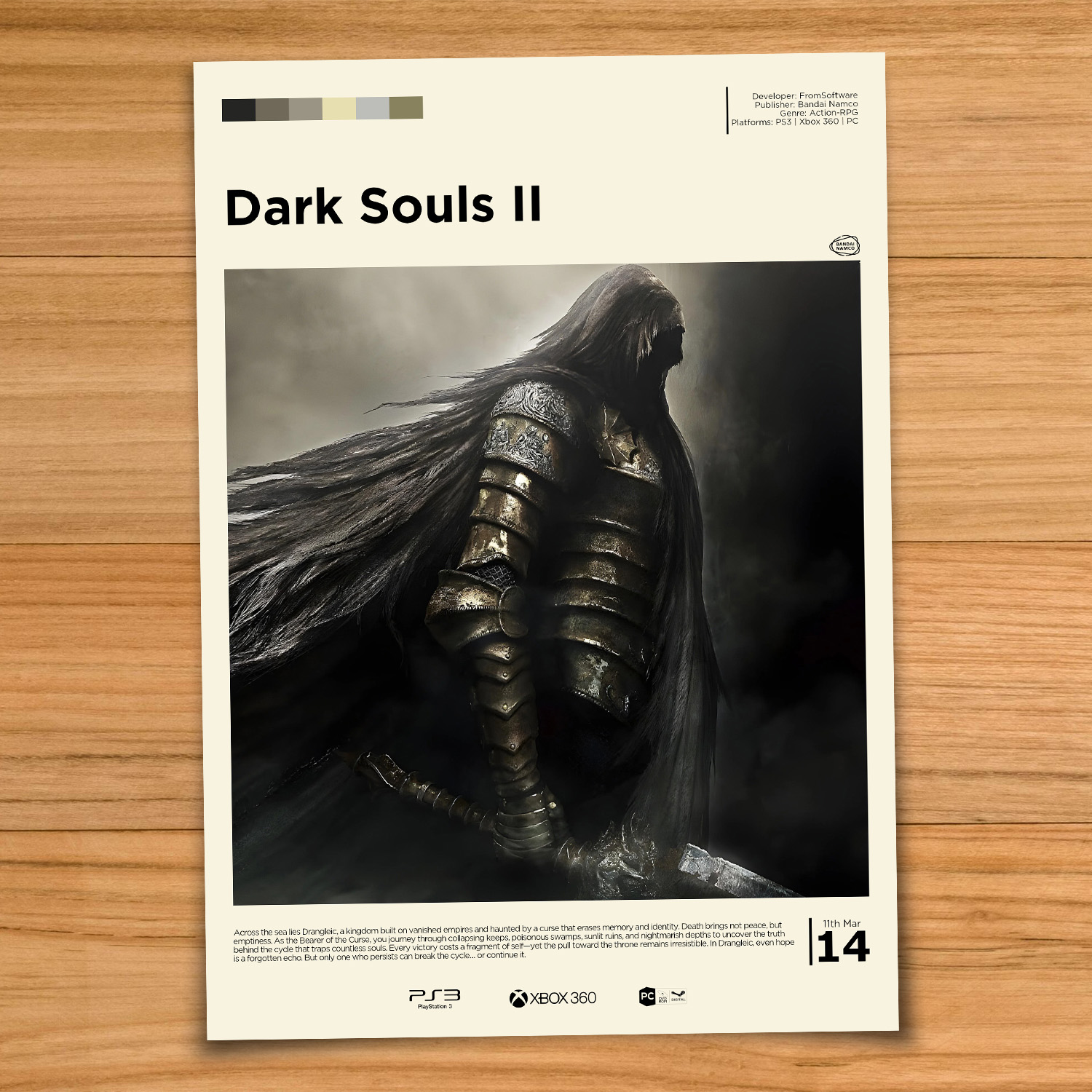 Gallery-style Dark Souls 2 poster on a wood table background