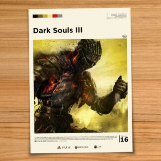 Gallery-style Dark Souls 3 poster on a wood table background