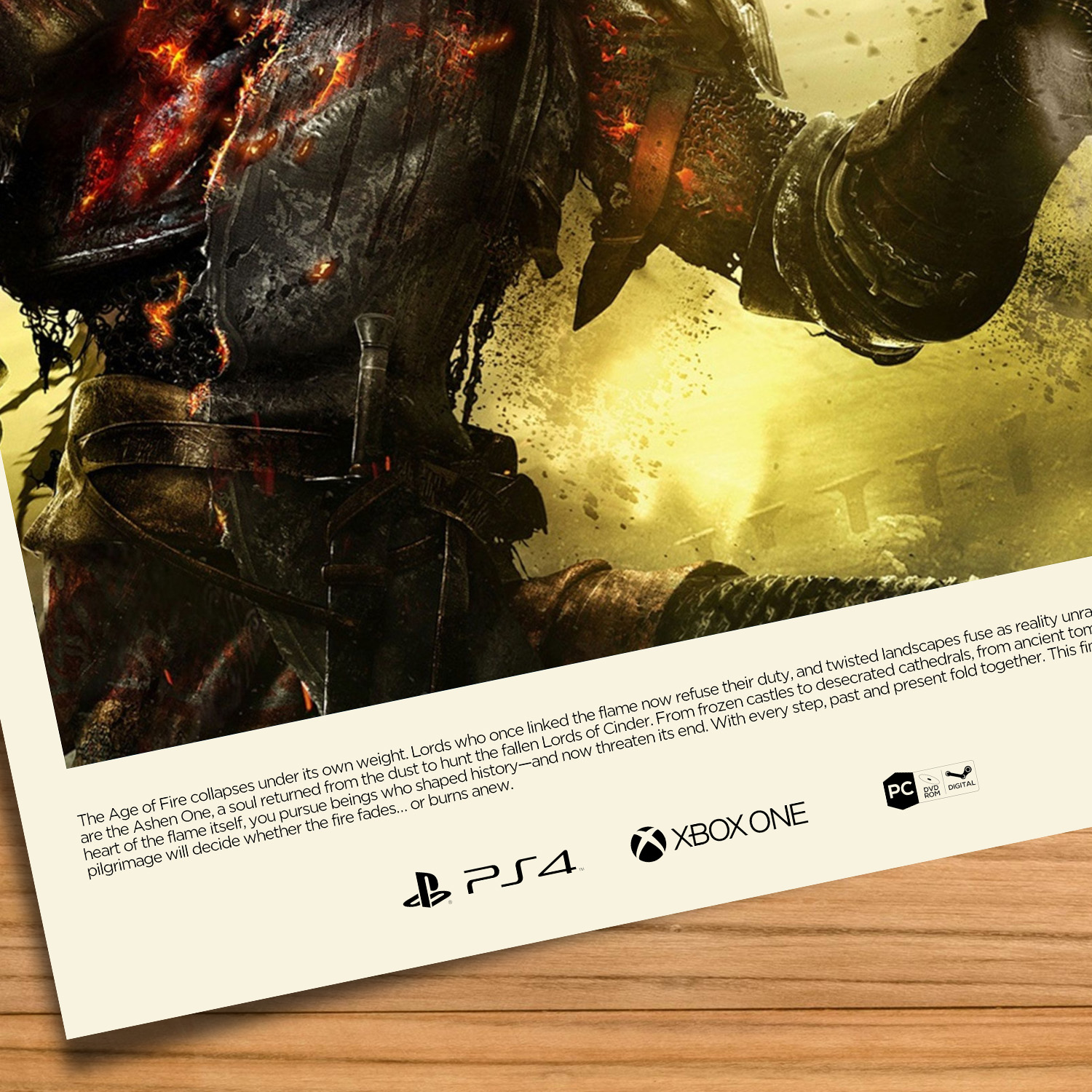 Gallery-style Dark Souls 3 poster on a wood table background