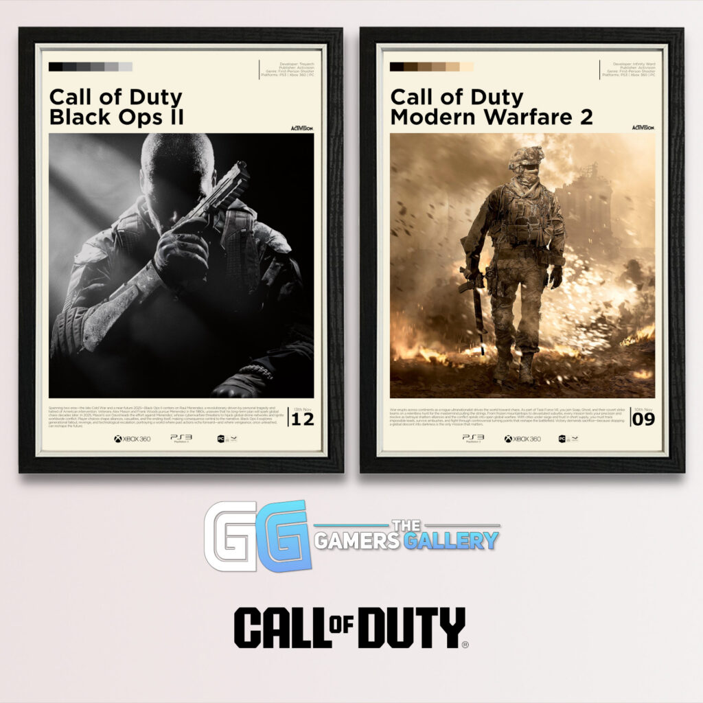 Call of Duty posters, featuring Black Ops 2 and Modern Warfare 2, in black frames with the Call of Duty logo and GamersGallery logo on a plain grey background