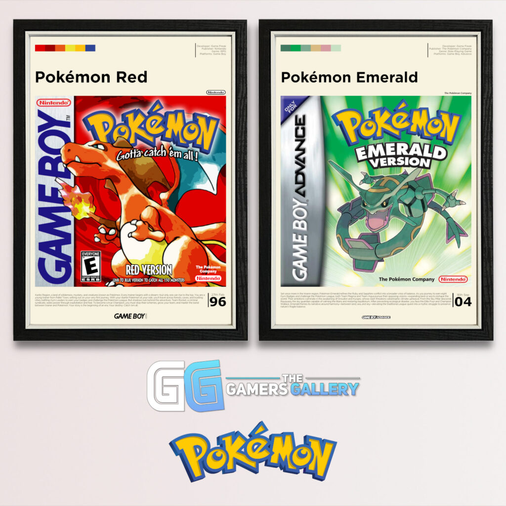Pokemon posters, featuring Pokemon Red and Pokemon Emerald, in black frames with the Pokemon logo and GamersGallery logo on a plain grey background