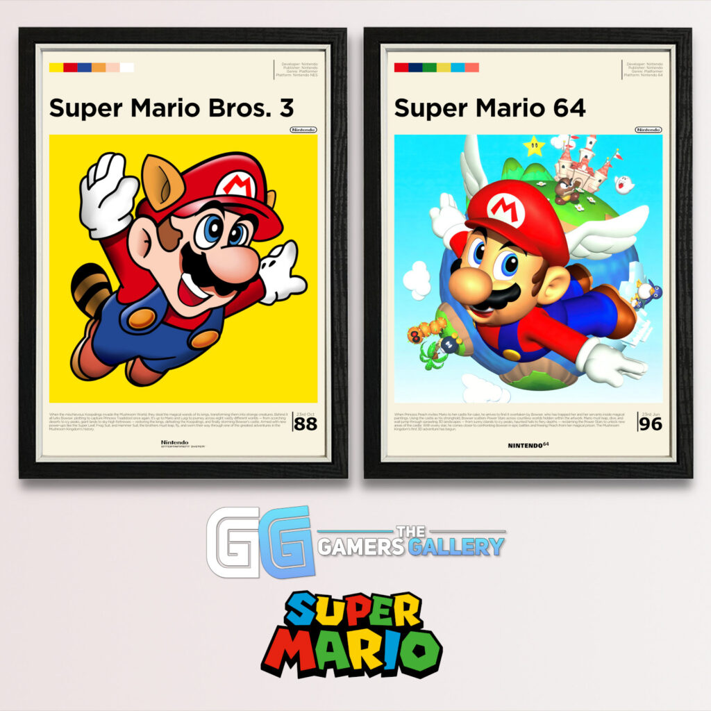 Super Mario posters, featuring Super Mario Bros 3 and Super Mario 64, in black frames with the Super Mario logo and GamersGallery logo on a plain grey background