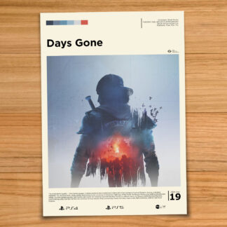 Gallery-style Days Gone poster on a wood table background