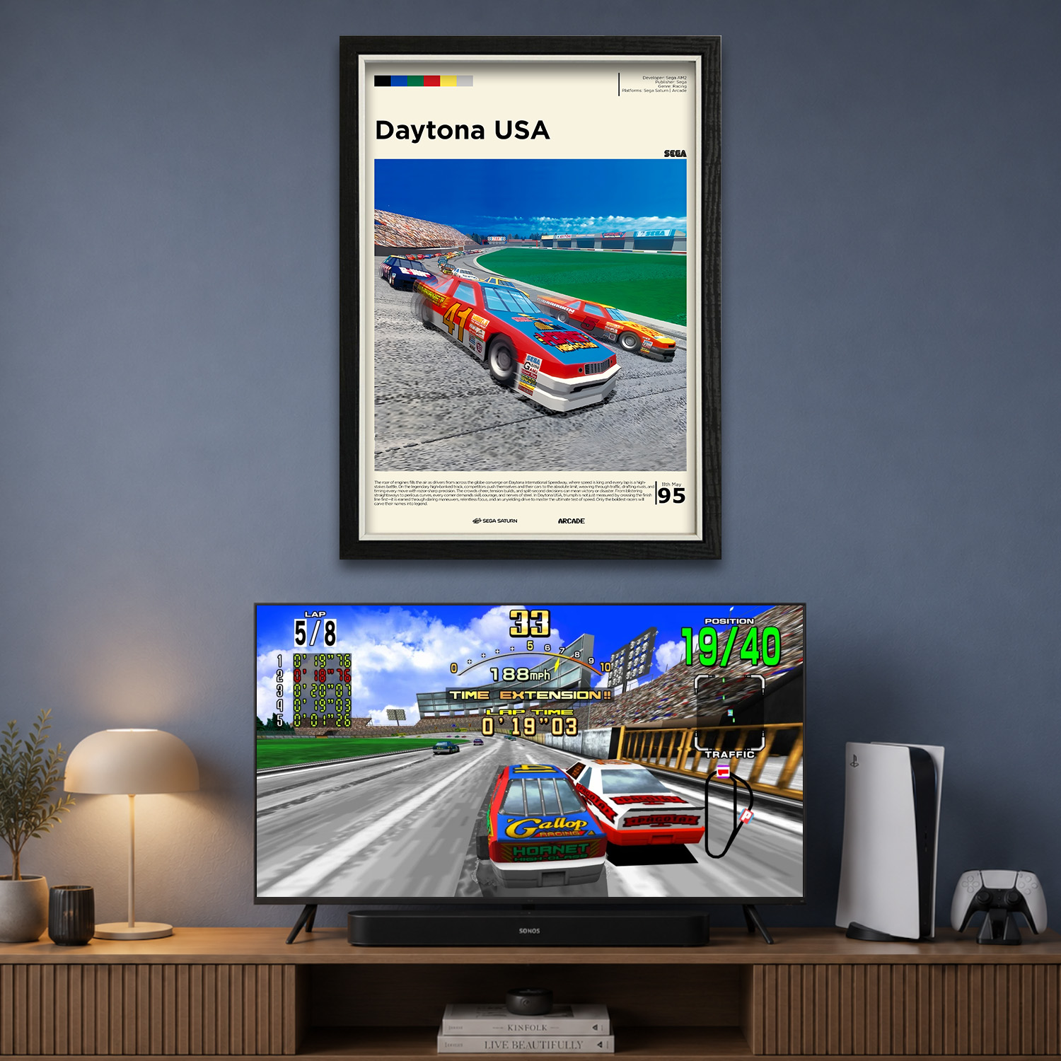 Gallery-style Daytona USA poster in a frame on a blue wall