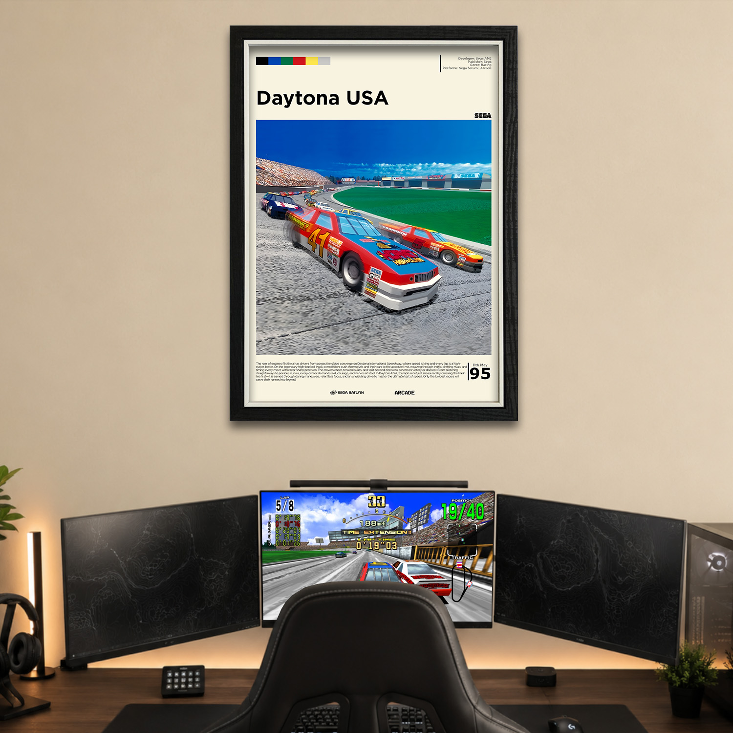 Gallery-style Daytona USA poster in a frame on a brown wall