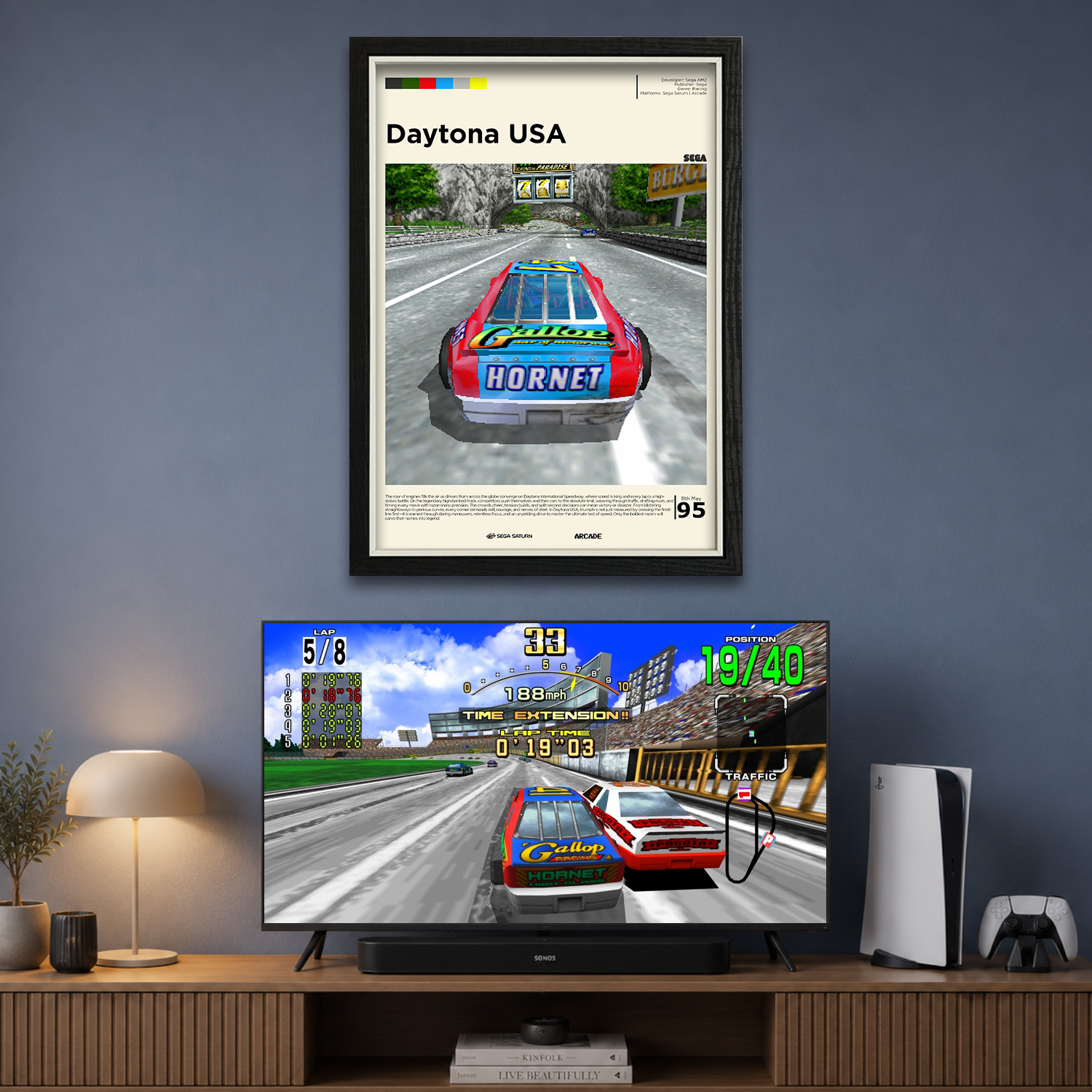 Gallery-style Daytona USA poster in a frame on a blue wall