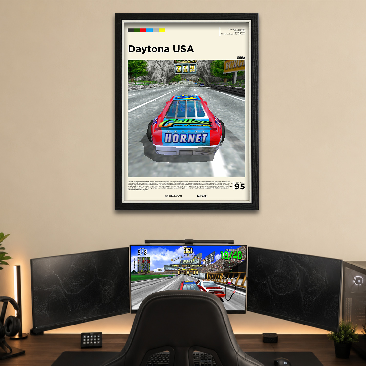 Gallery-style Daytona USA poster in a frame on a brown wall