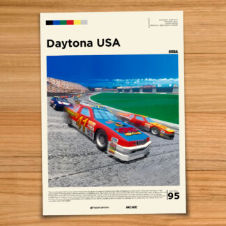 Gallery-style Daytona USA poster on a wood table background