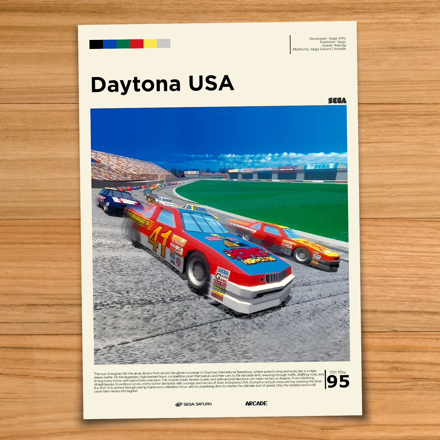 Gallery-style Daytona USA poster on a wood table background