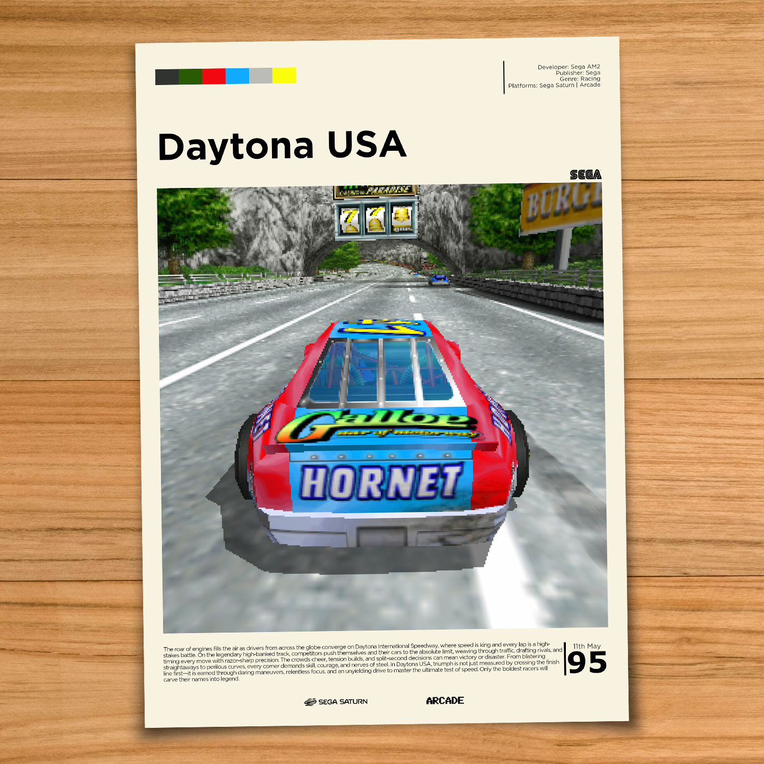 Gallery-style Daytona USA poster on a wood table background
