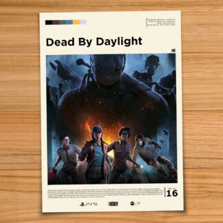 Gallery-style Dead By Daylight poster on a wood table background