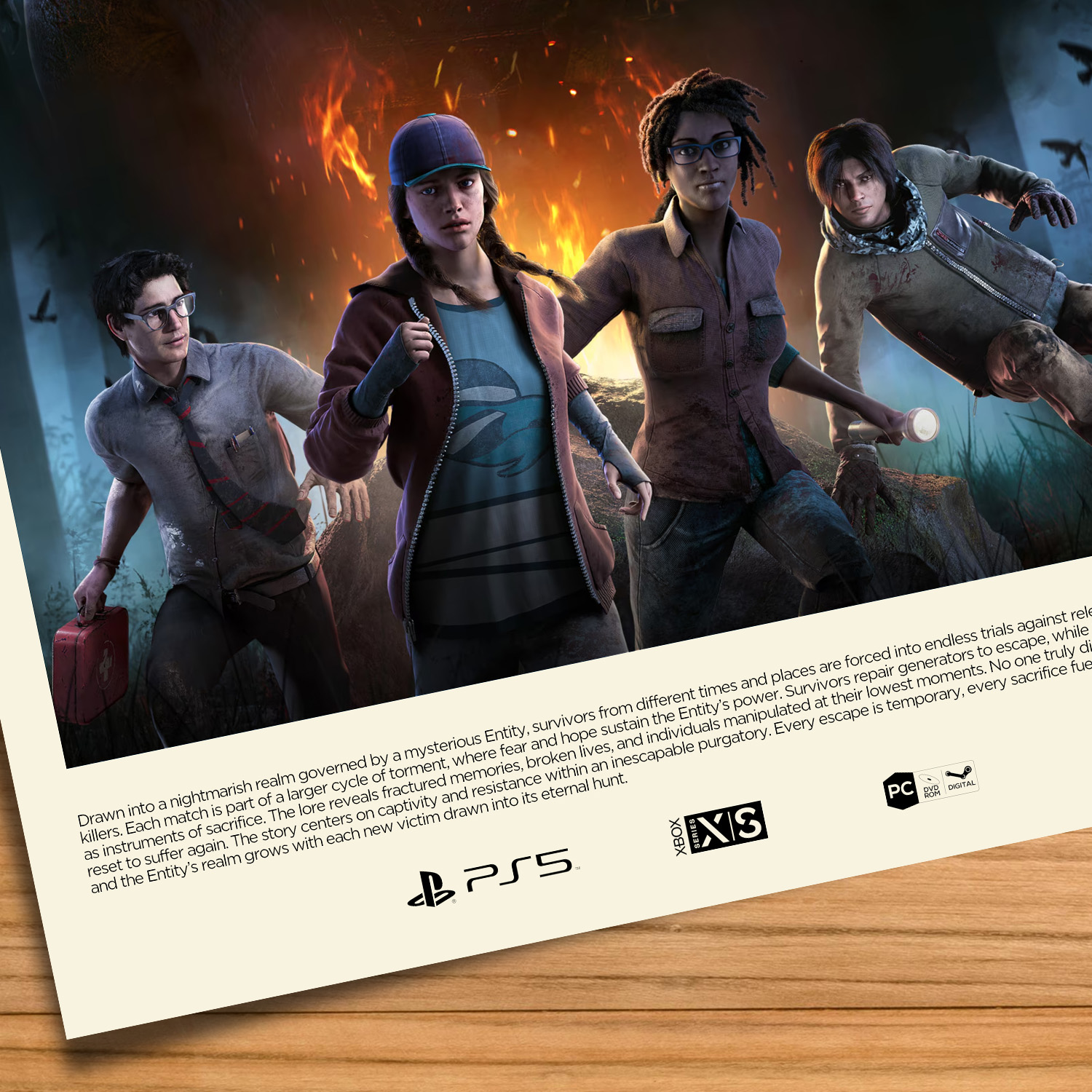 Gallery-style Dead By Daylight poster on a wood table background