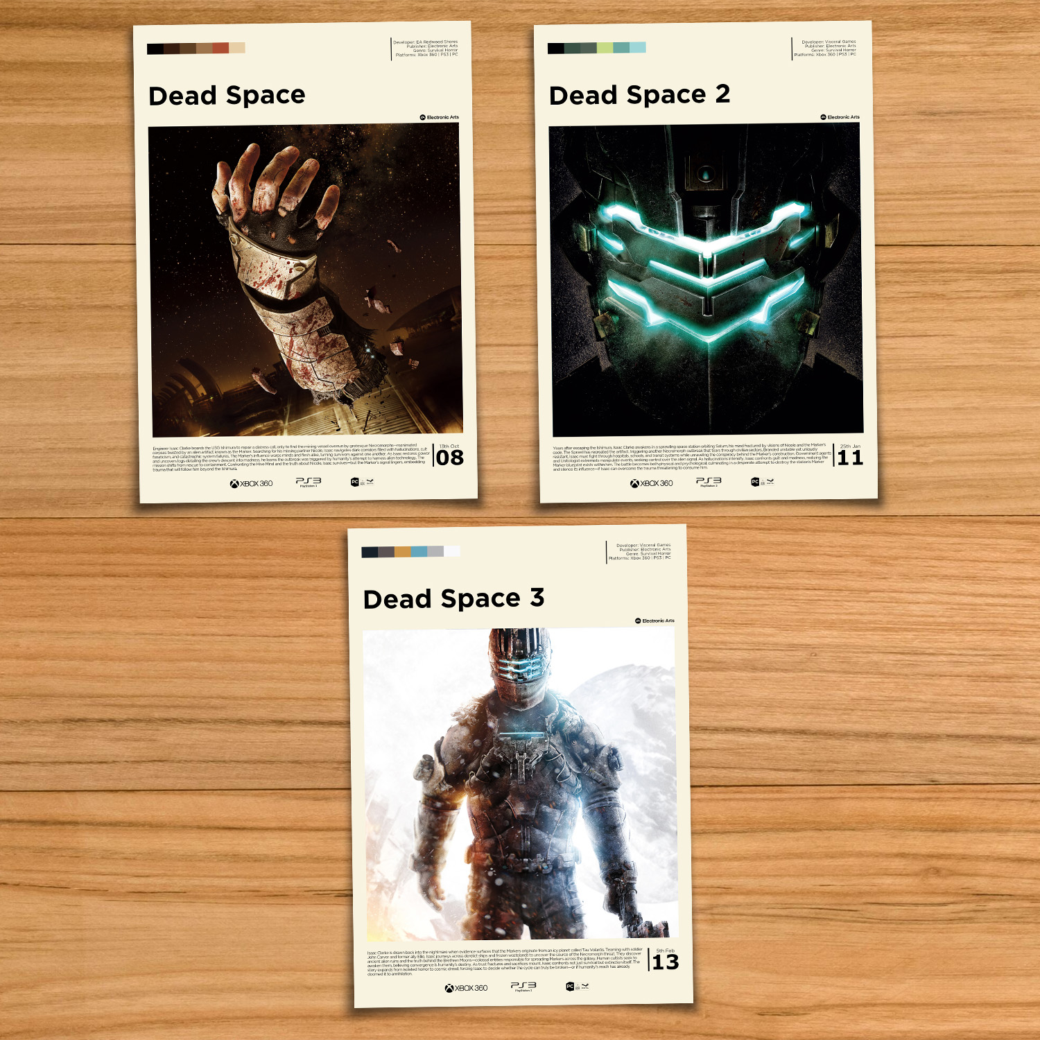 Dead Space poster set, including Dead Space, Dead Space 2 and Dead Space 3 on a wood table background