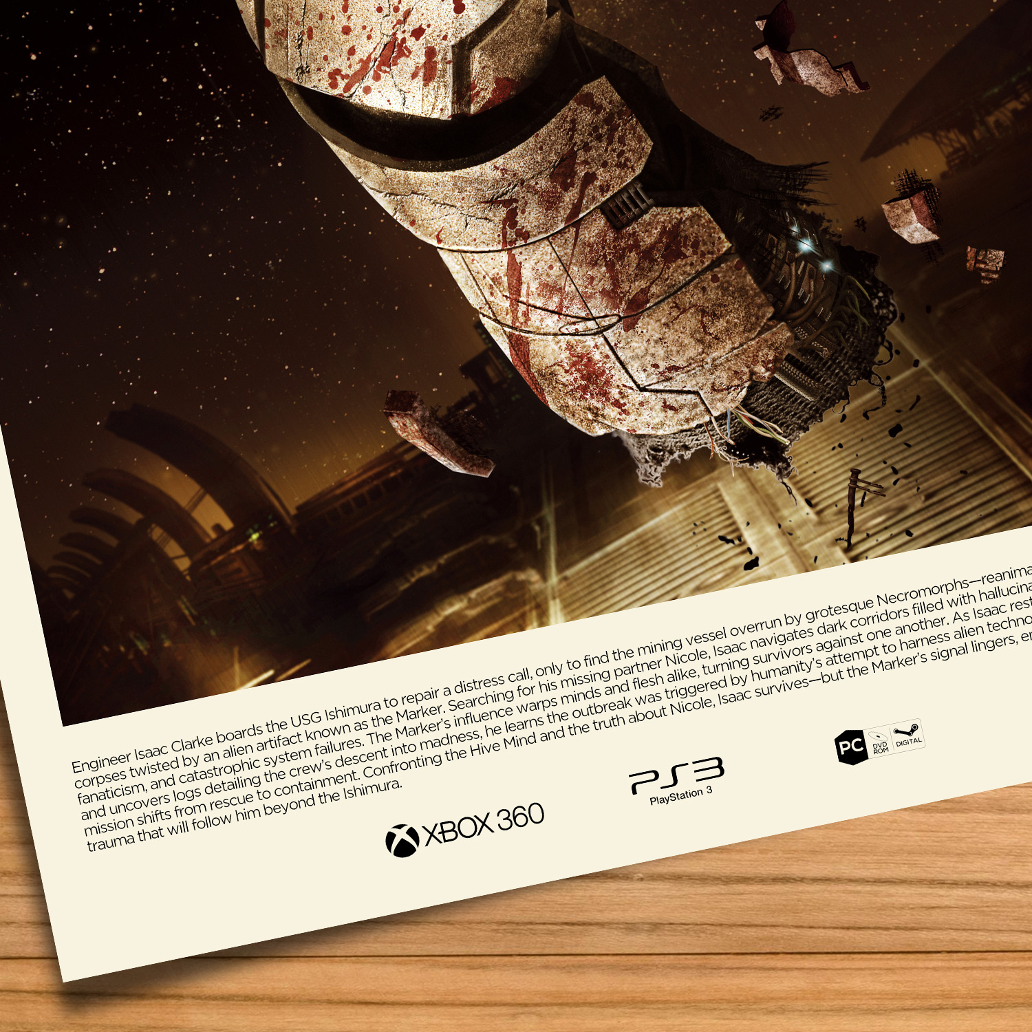 Gallery-style Dead Space poster on a wood table background