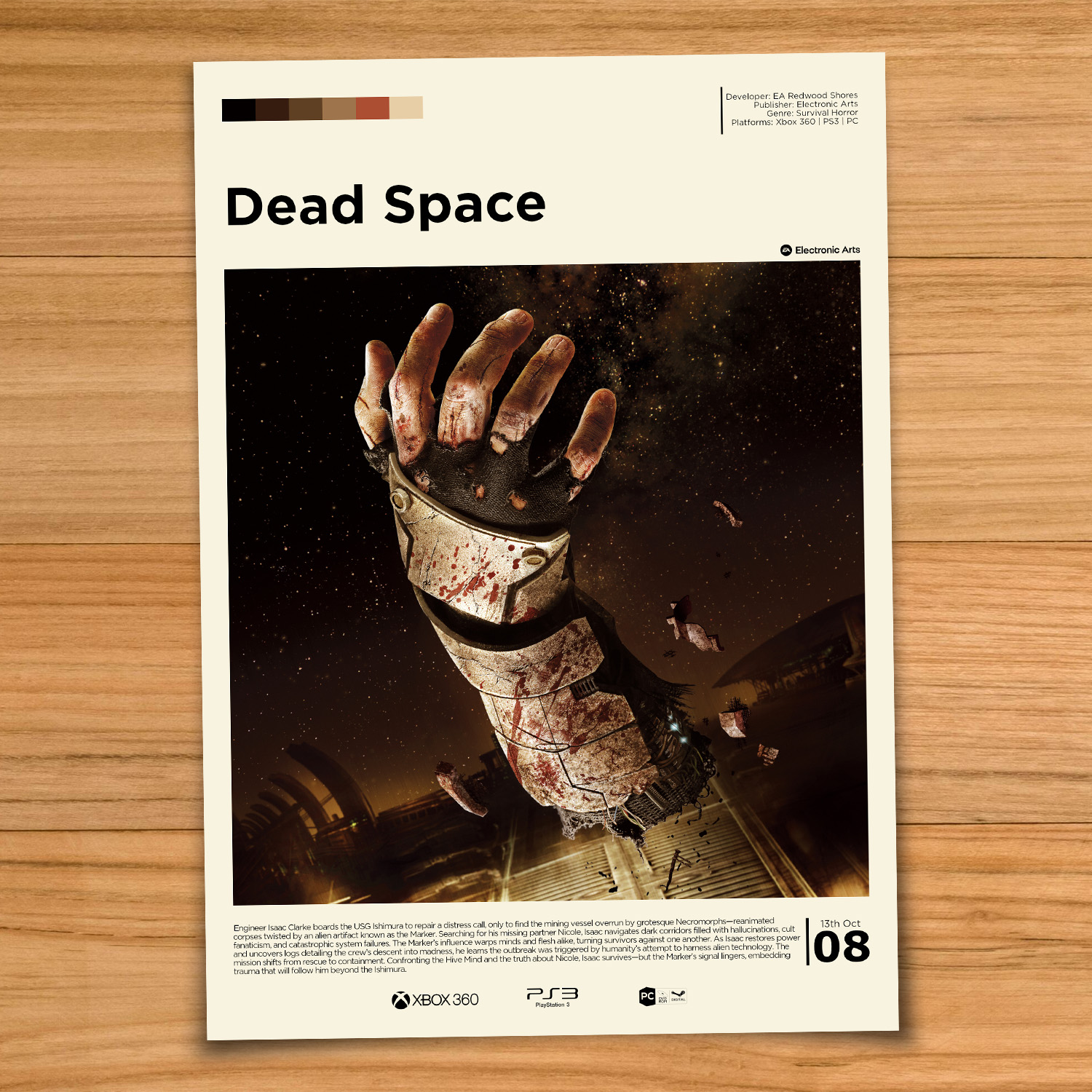 Gallery-style Dead Space poster on a wood table background