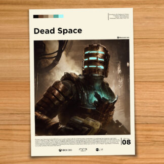 Gallery-style Dead Space Remake poster on a wood table background