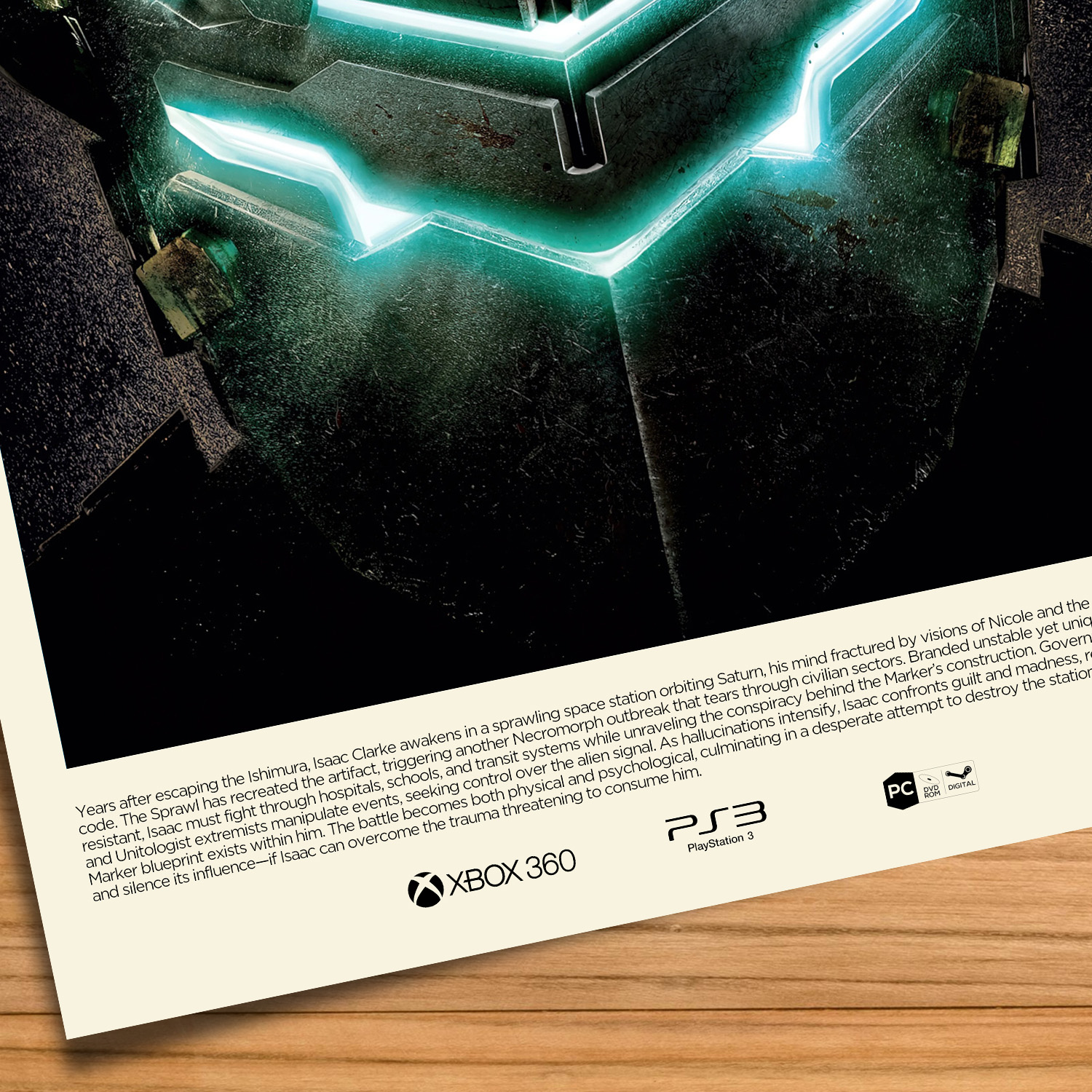 Gallery-style Dead Space 2 poster on a wood table background