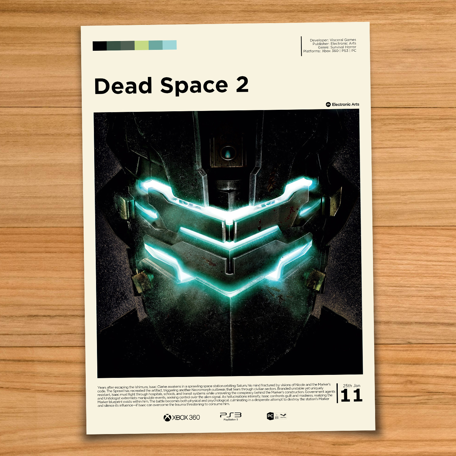 Gallery-style Dead Space 2 poster on a wood table background