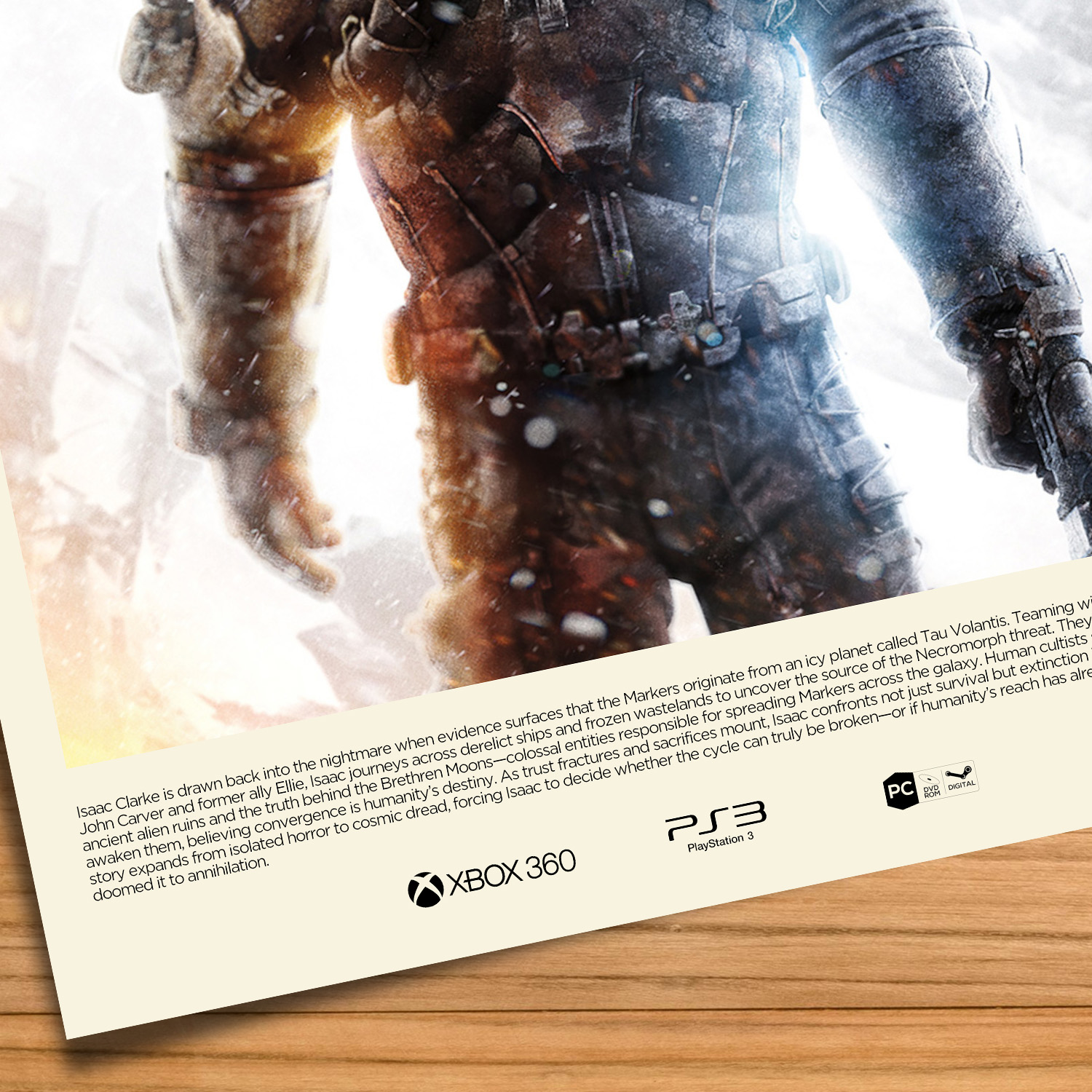 Gallery-style Dead Space 3 poster on a wood table background
