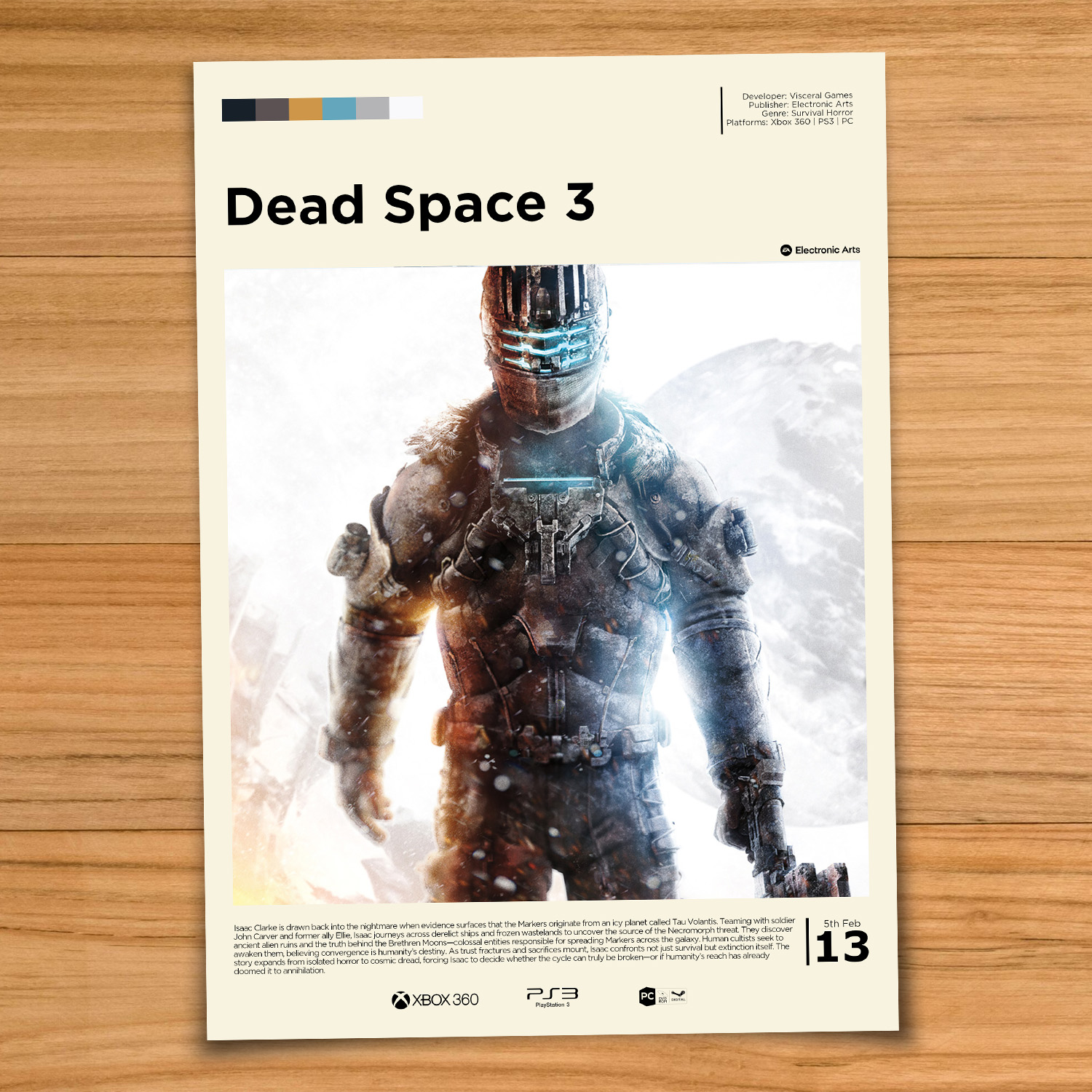 Gallery-style Dead Space 3 poster on a wood table background