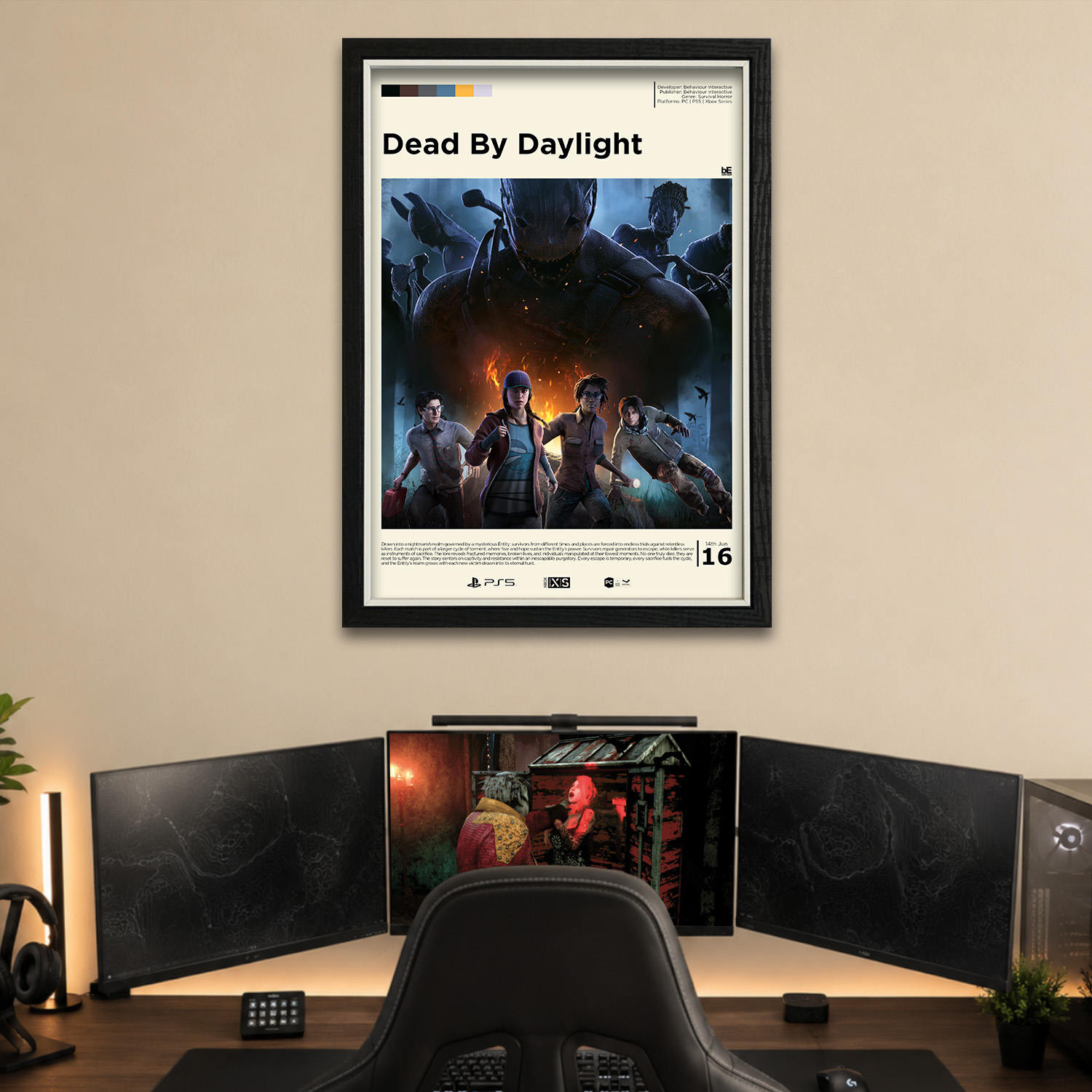 Gallery-style Dead By Daylight poster in a frame on a brown wall