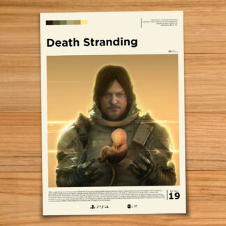 Gallery-style Death Stranding poster on a wood table background