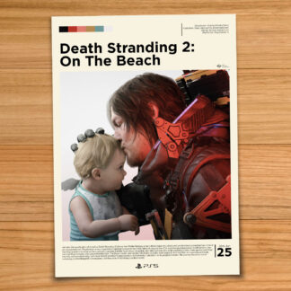 Gallery-style Death Stranding 2 poster on a wood table background