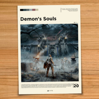 Gallery-style Demon's Souls PS5 poster on a wood table background