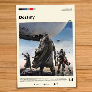Minimalist, gallery-style Destiny poster on a wood table background